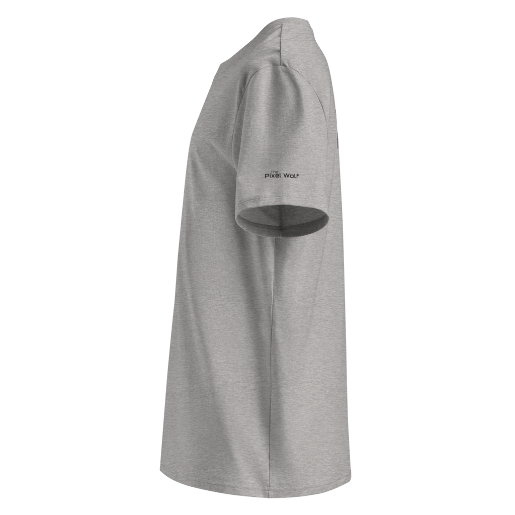 Heather Grey organic cotton t-shirt left side view with sleeve logo detail – The Pixel Wolf