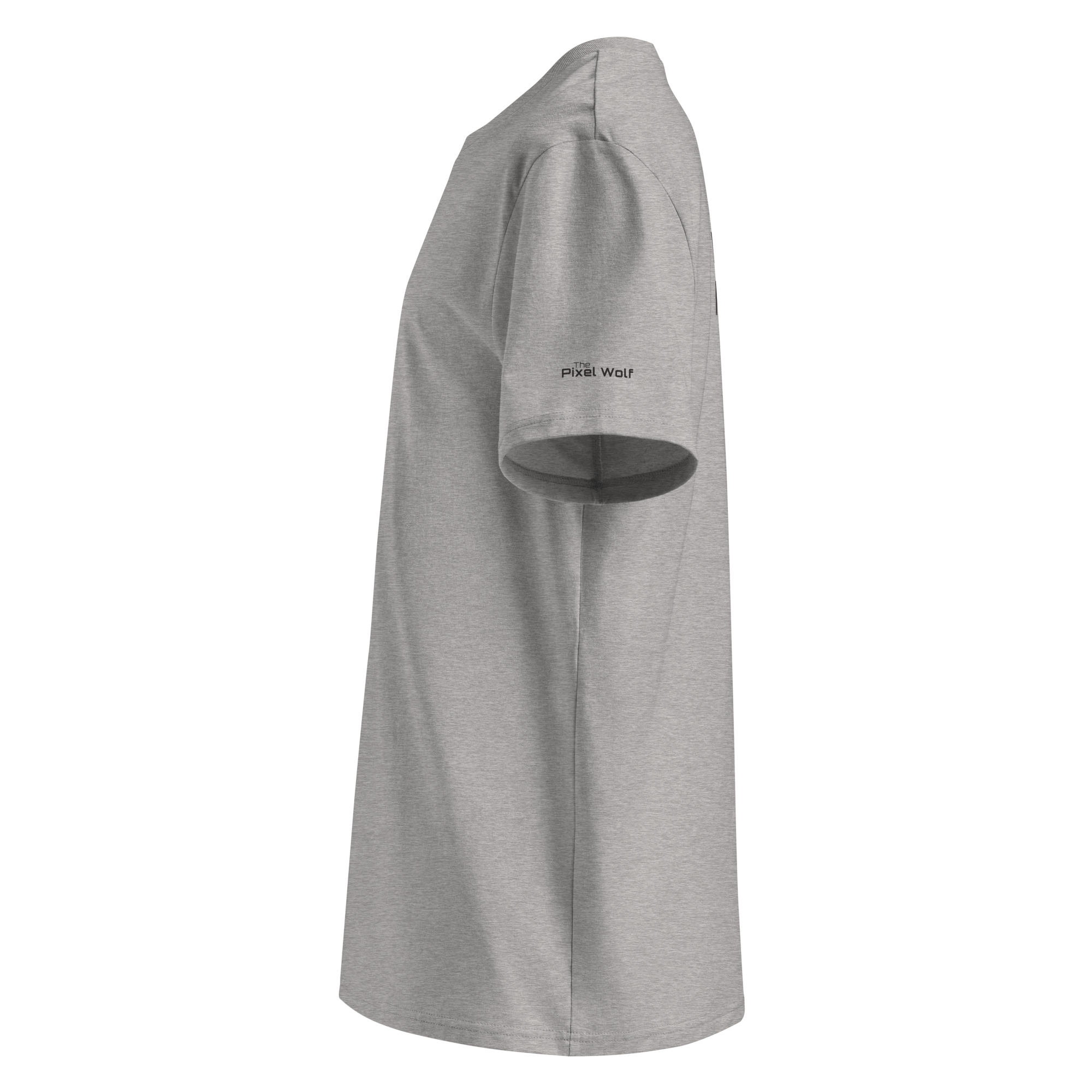 Heather Grey organic cotton t-shirt left side view with sleeve logo detail – The Pixel Wolf