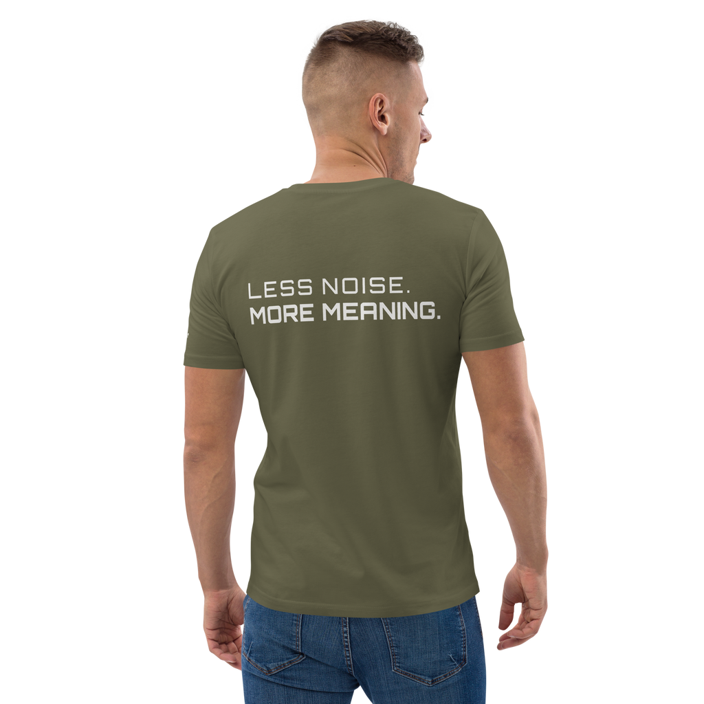 Khaki organic cotton t-shirt lifestyle worn by model – The Pixel Wolf