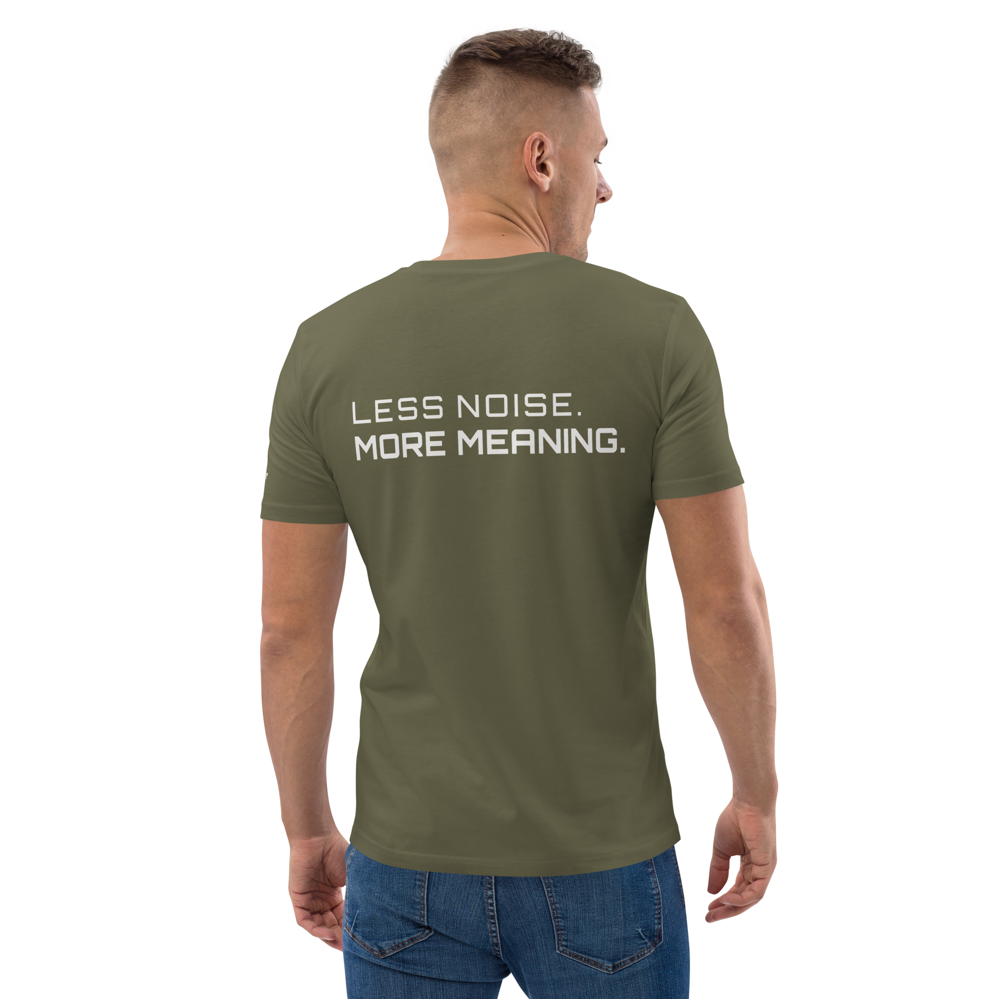 Khaki organic cotton t-shirt lifestyle worn by model – The Pixel Wolf