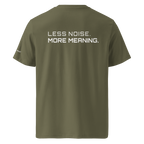 Khaki organic cotton t-shirt back view with “Less Noise More Meaning” slogan – The Pixel Wolf