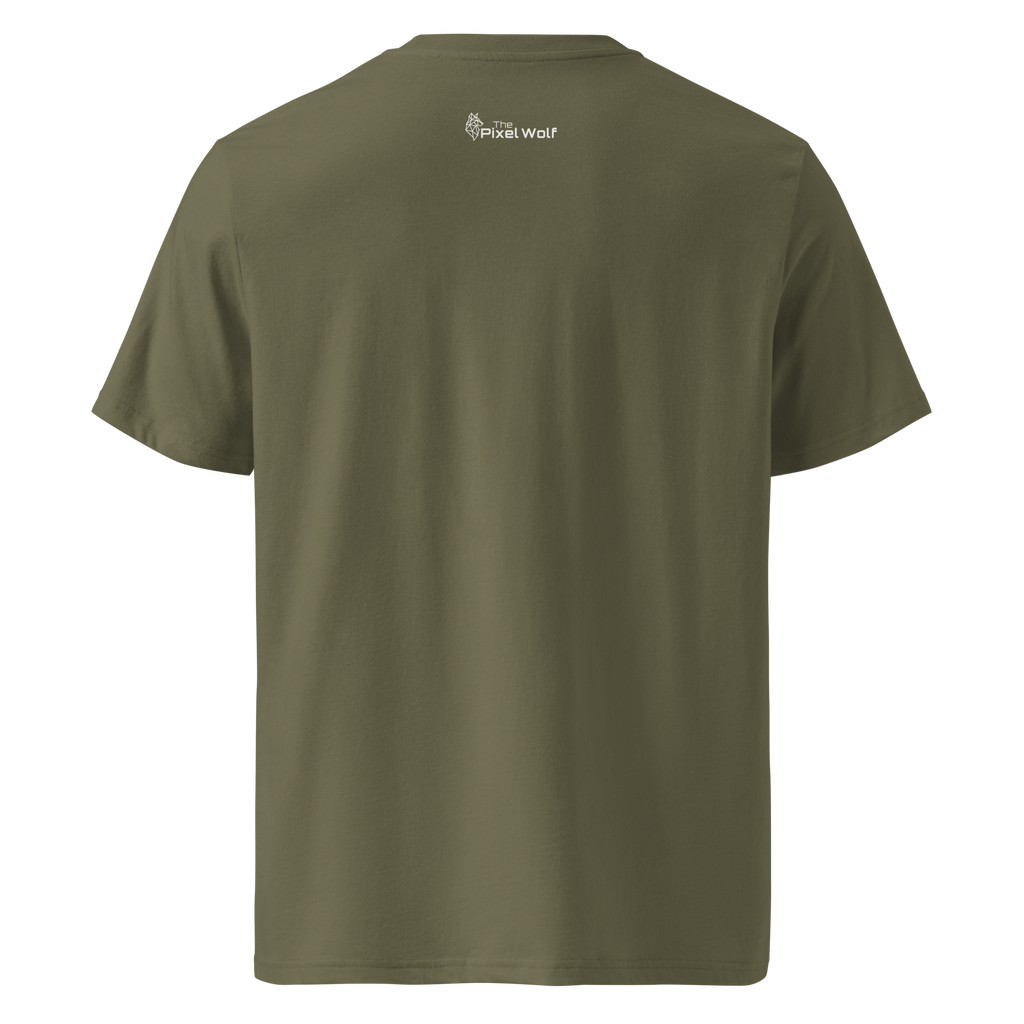 Khaki organic cotton t-shirt with The Pixel Wolf logo printed on upper back