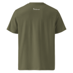 Khaki organic cotton t-shirt with The Pixel Wolf logo printed on upper back