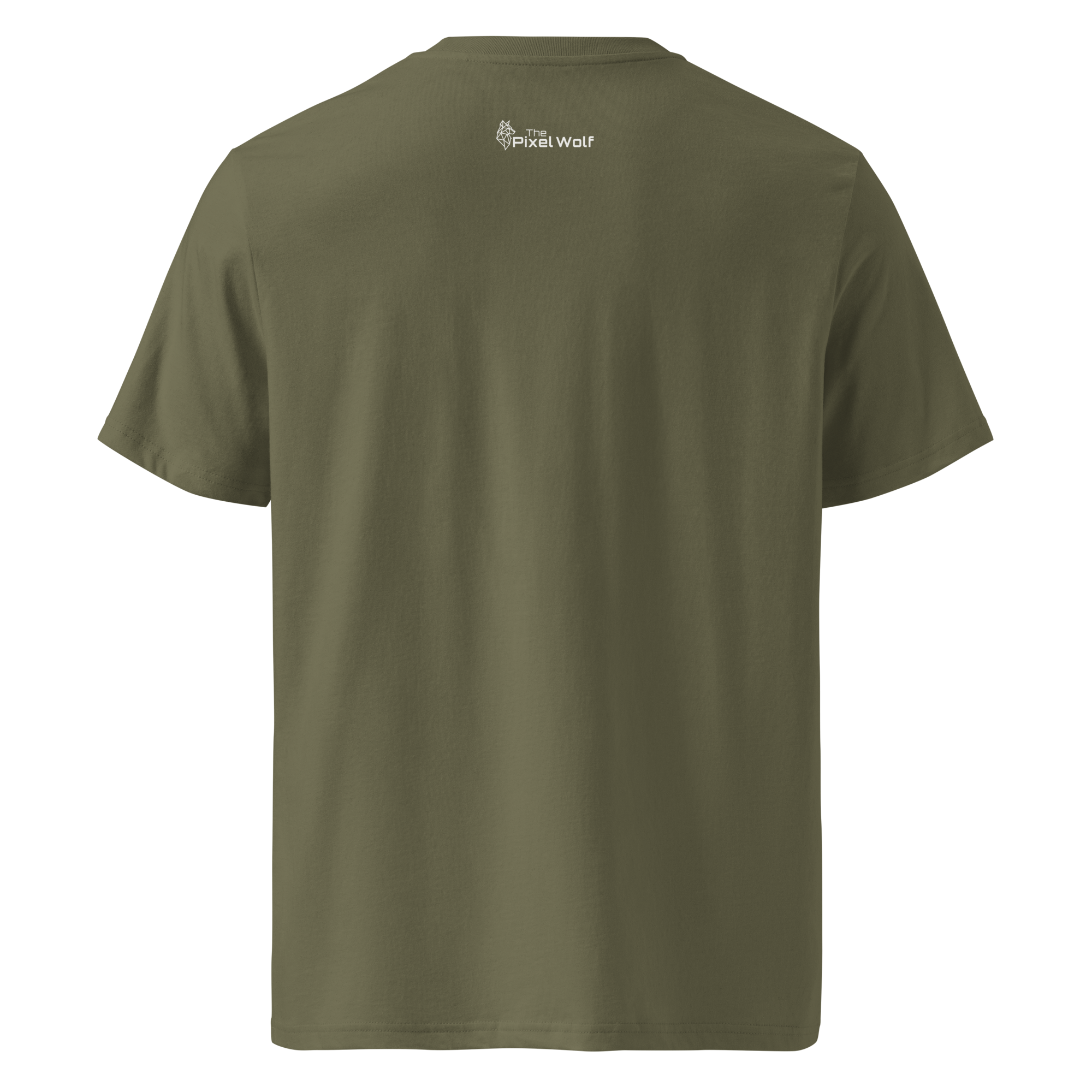Khaki organic cotton t-shirt with The Pixel Wolf logo printed on upper back