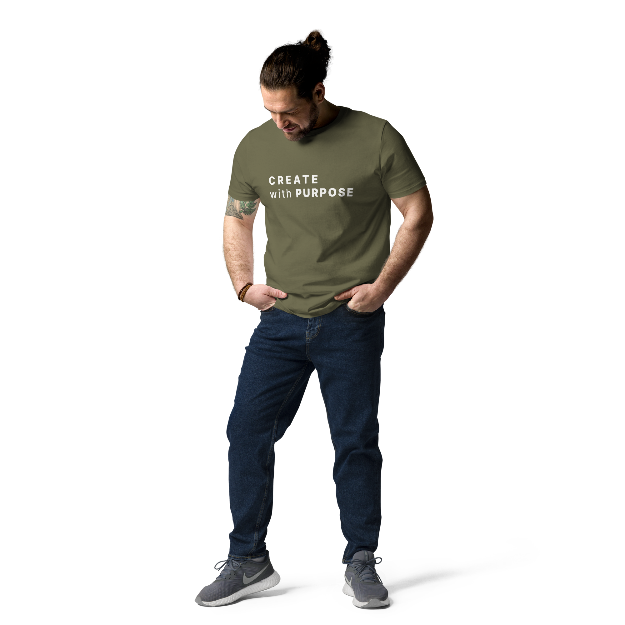 Khaki organic cotton t-shirt lifestyle photo of man wearing “CREATE with PURPOSE”