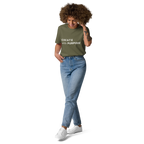 Khaki organic cotton t-shirt lifestyle photo of woman wearing “CREATE with PURPOSE”