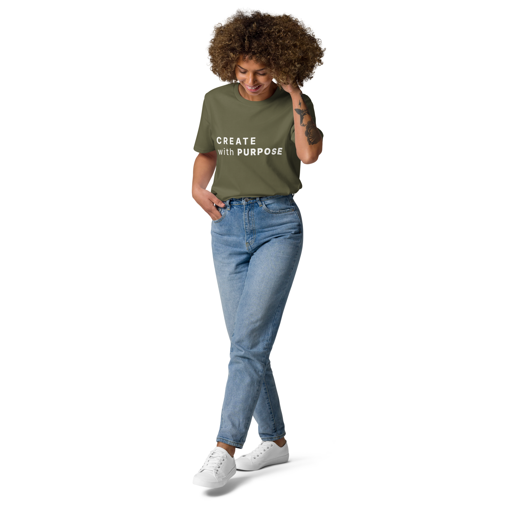 Khaki organic cotton t-shirt lifestyle photo of woman wearing “CREATE with PURPOSE”