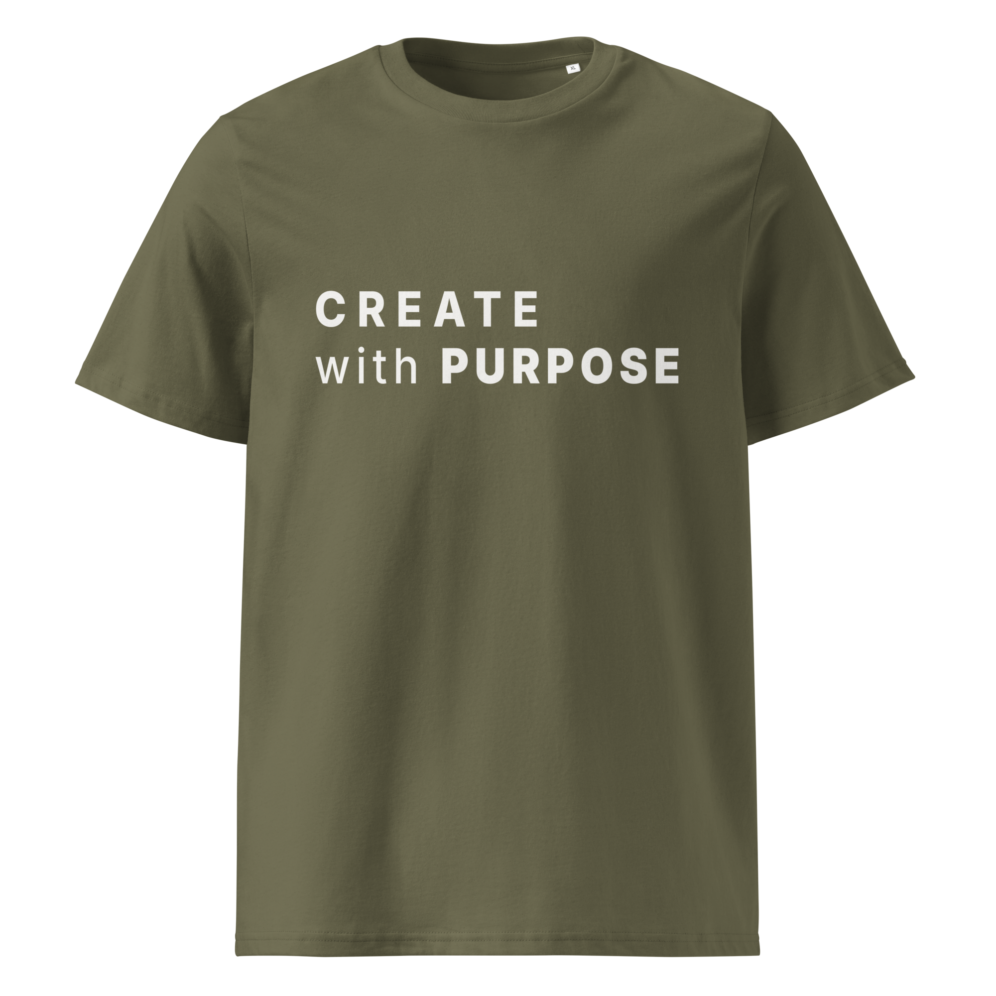 Khaki organic cotton t-shirt with “CREATE with PURPOSE” print on chest