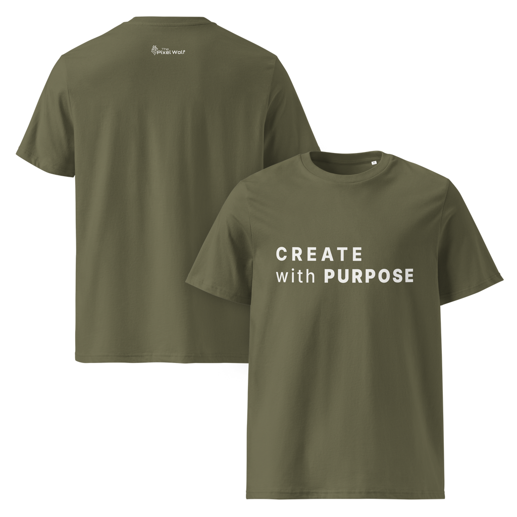 Khaki organic cotton t-shirt with “CREATE with PURPOSE” front print and The Pixel Wolf logo on back