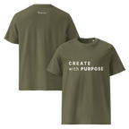 Khaki organic cotton t-shirt with “CREATE with PURPOSE” front print and The Pixel Wolf logo on back