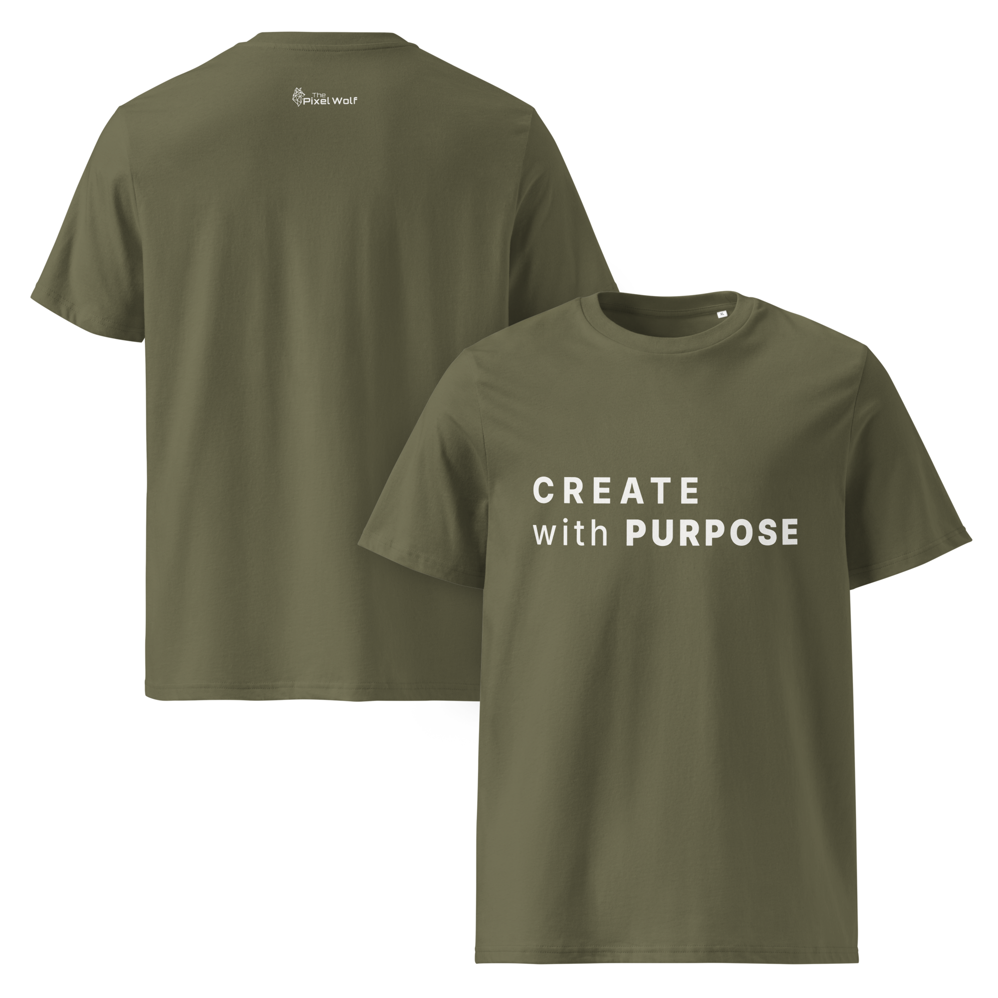 Khaki organic cotton t-shirt with “CREATE with PURPOSE” front print and The Pixel Wolf logo on back