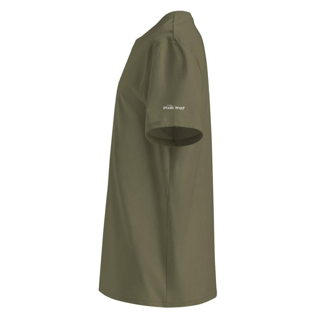 Khaki organic cotton t-shirt left side view with sleeve logo detail – The Pixel Wolf