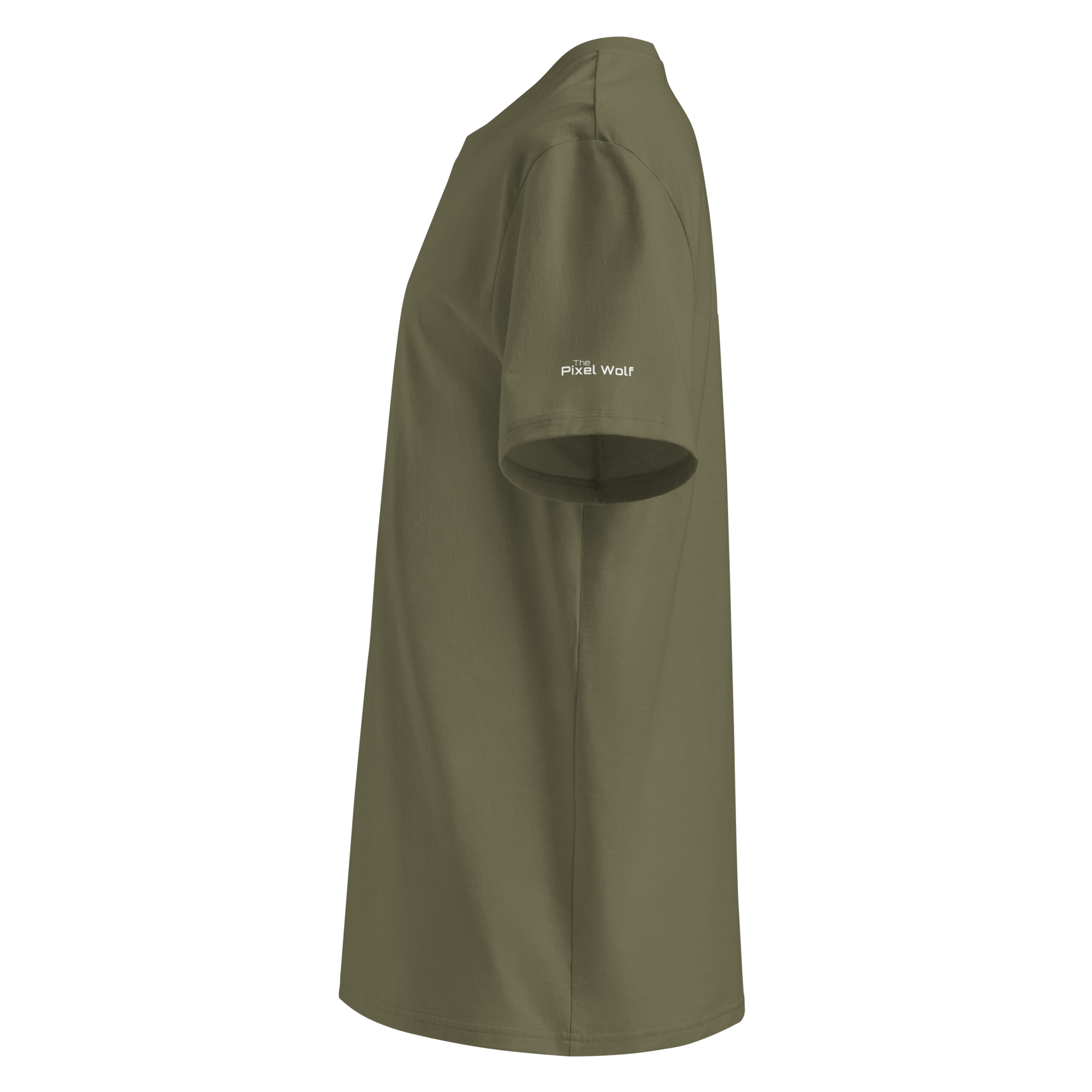 Khaki organic cotton t-shirt left side view with sleeve logo detail – The Pixel Wolf