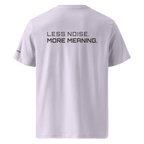Lavender organic cotton t-shirt back view with “Less Noise More Meaning” slogan – The Pixel Wolf