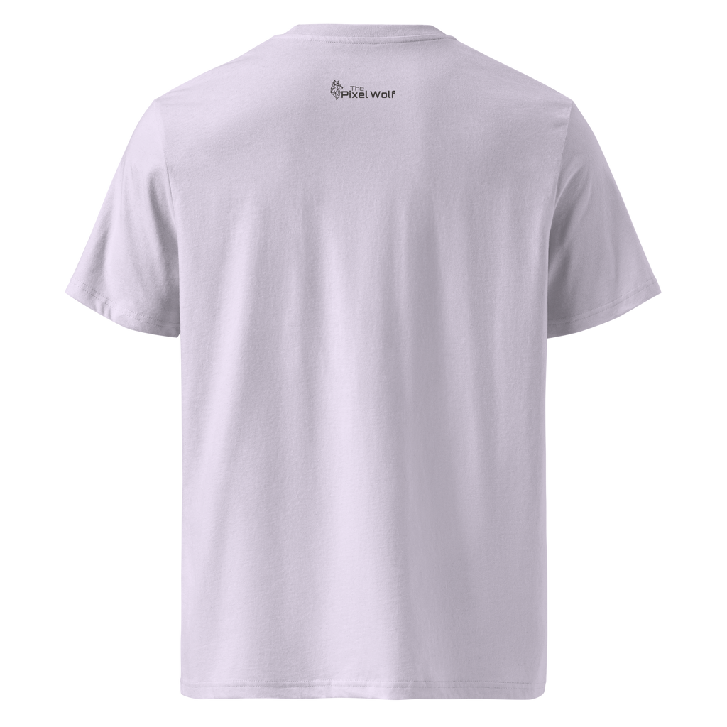 Lavender organic cotton t-shirt back with The Pixel Wolf logo printed on upper back