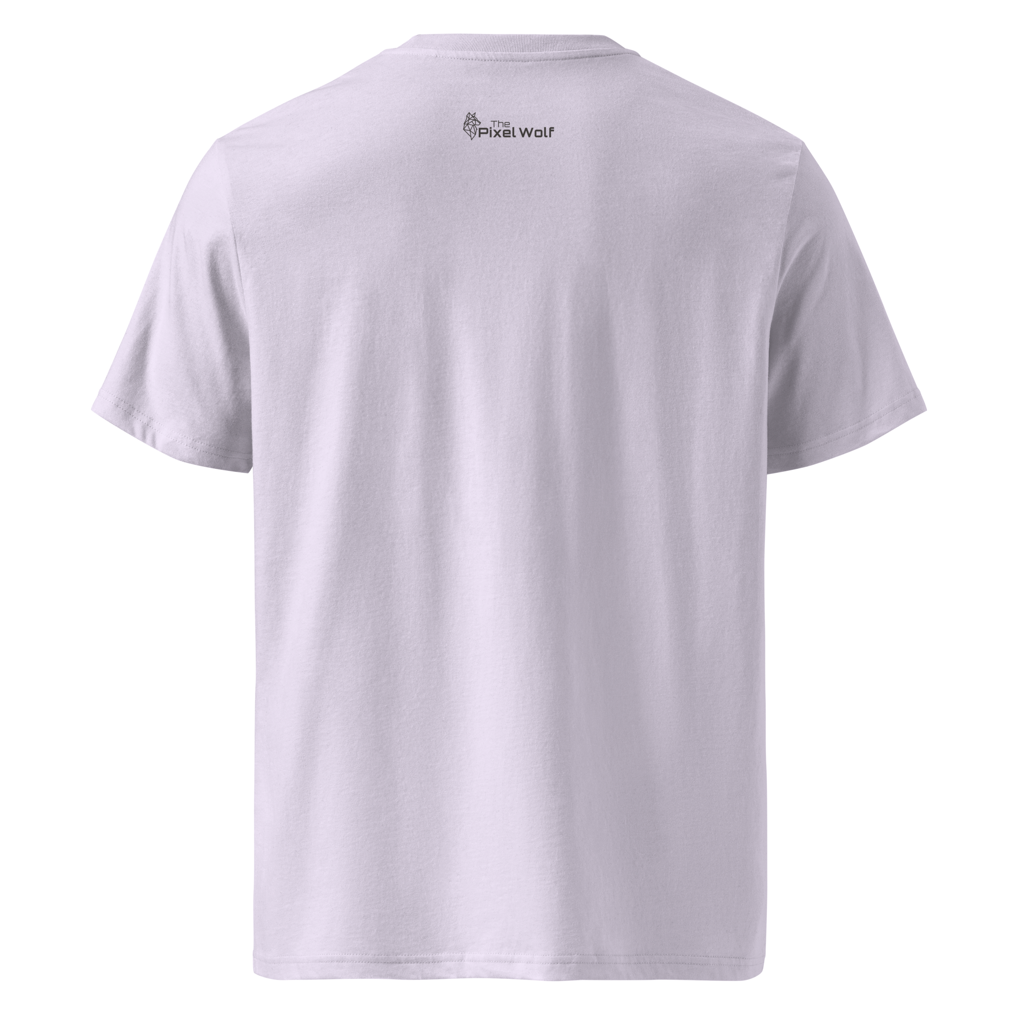 Lavender organic cotton t-shirt back with The Pixel Wolf logo printed on upper back