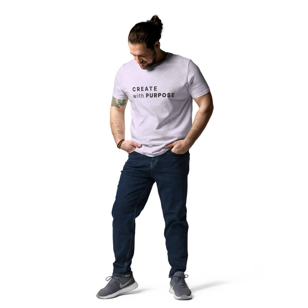 Lavender organic cotton t-shirt lifestyle photo of man wearing “CREATE with PURPOSE”