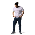 Lavender organic cotton t-shirt lifestyle photo of man wearing “CREATE with PURPOSE”