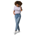 Lavender organic cotton t-shirt lifestyle photo of woman wearing “CREATE with PURPOSE”