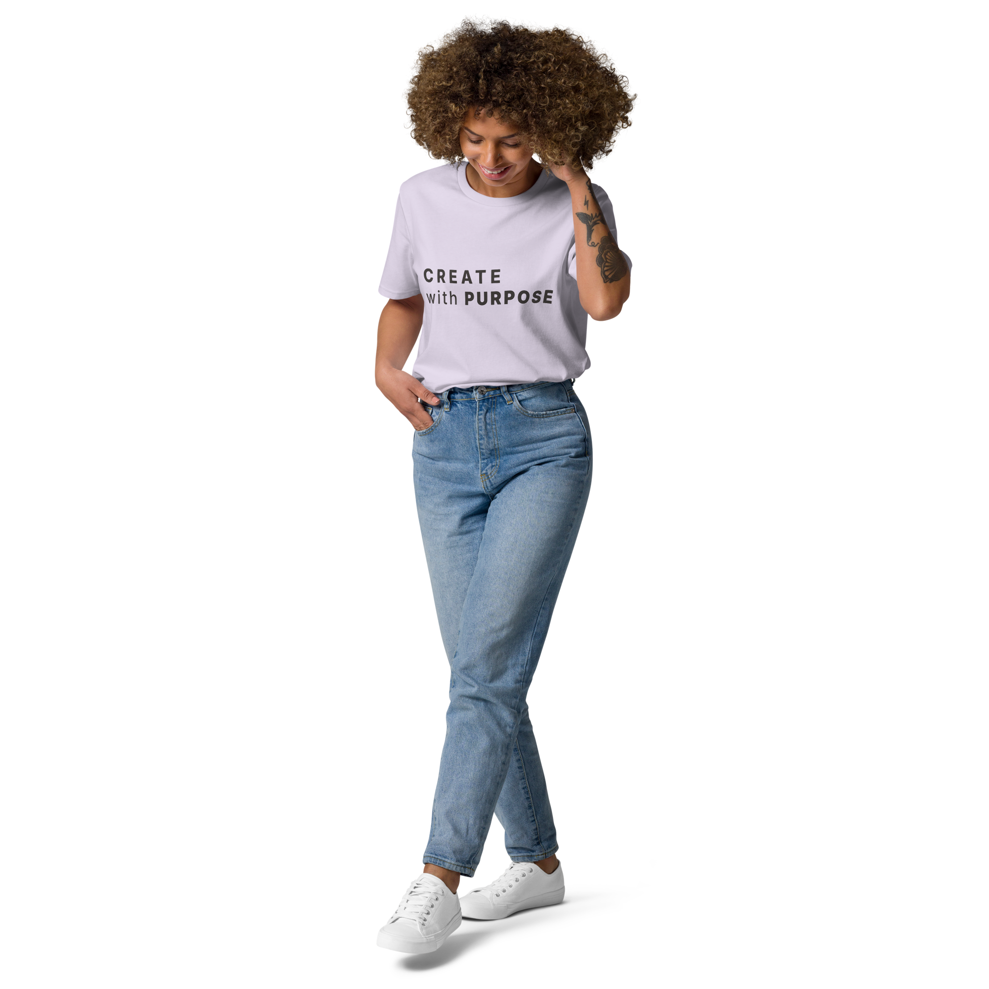 Lavender organic cotton t-shirt lifestyle photo of woman wearing “CREATE with PURPOSE”