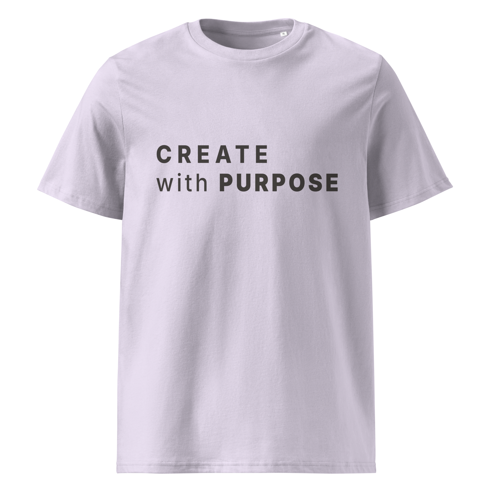 Lavender organic cotton t-shirt front with “CREATE with PURPOSE” print
