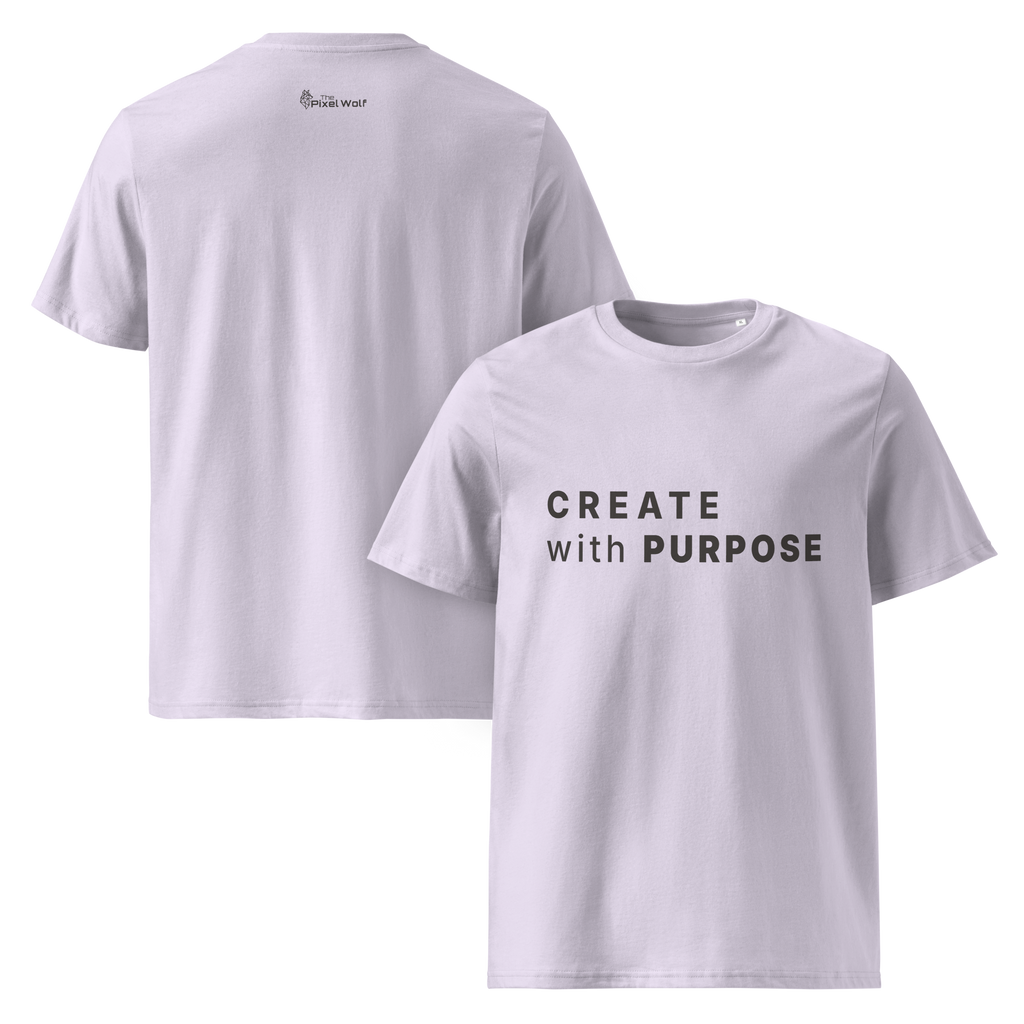 Lavender organic cotton t-shirt dual view (front + back) with “CREATE with PURPOSE” front print and The Pixel Wolf logo on back