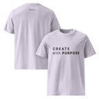 Lavender organic cotton t-shirt dual view (front + back) with “CREATE with PURPOSE” front print and The Pixel Wolf logo on back