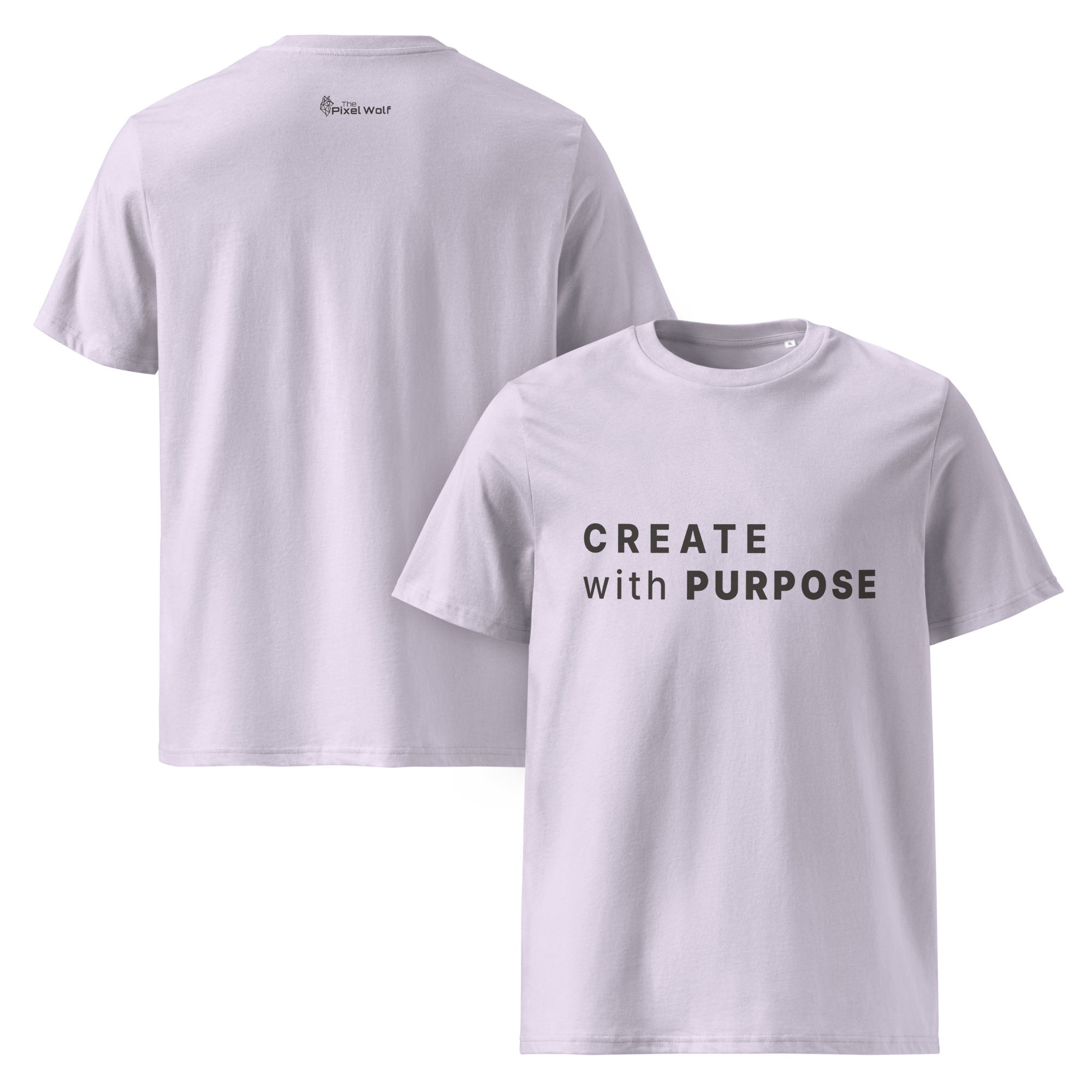 Lavender organic cotton t-shirt dual view (front + back) with “CREATE with PURPOSE” front print and The Pixel Wolf logo on back