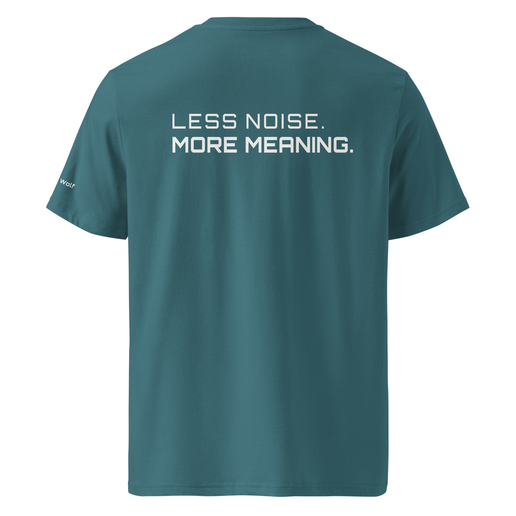 Stargazer organic cotton t-shirt back view with “Less Noise More Meaning” slogan – The Pixel Wolf