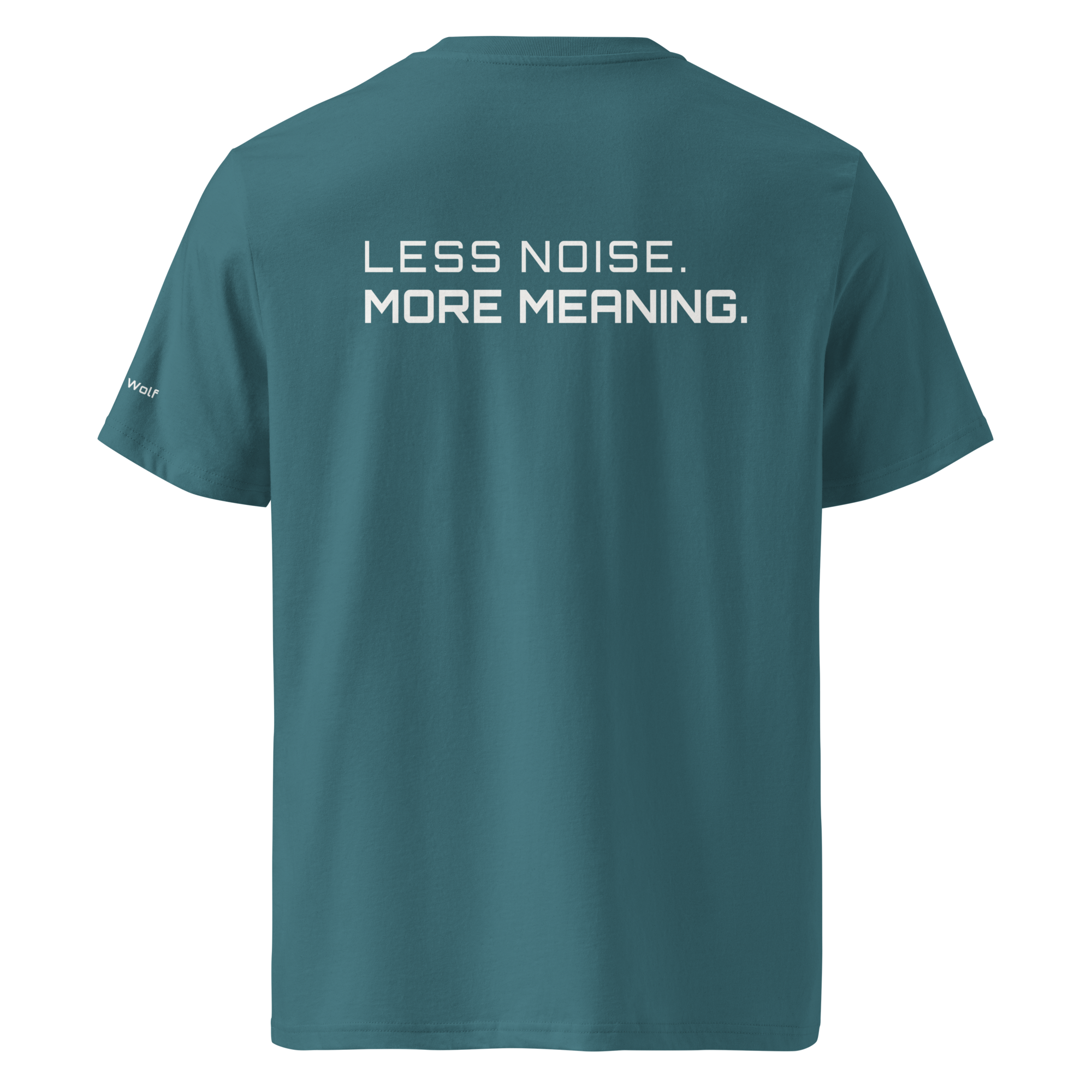 Stargazer organic cotton t-shirt back view with “Less Noise More Meaning” slogan – The Pixel Wolf