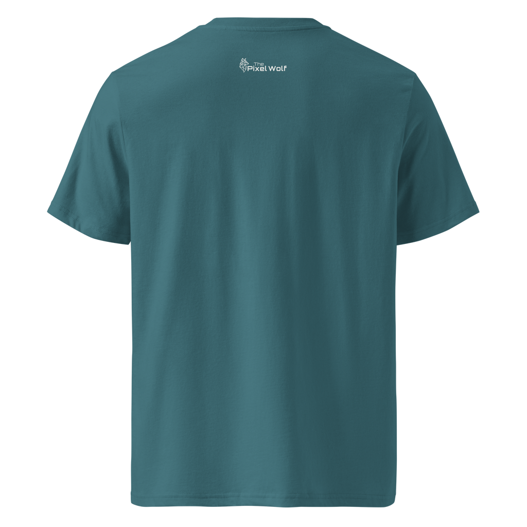 Stargazer organic cotton t-shirt with The Pixel Wolf logo printed on upper back