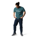 Stargazer organic cotton t-shirt lifestyle photo of man wearing “CREATE with PURPOSE”