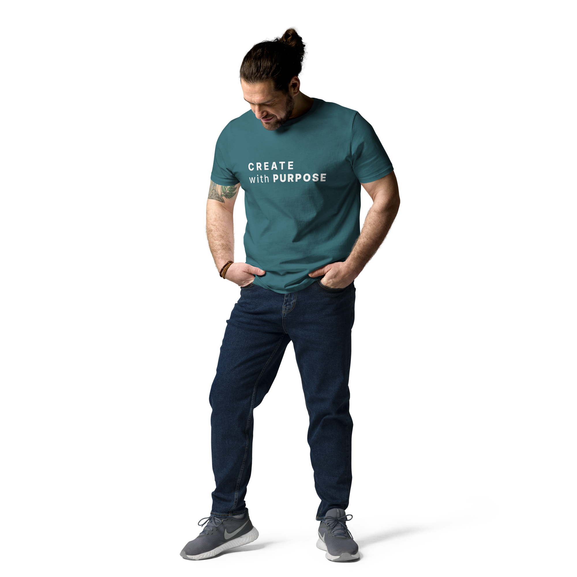 Stargazer organic cotton t-shirt lifestyle photo of man wearing “CREATE with PURPOSE”