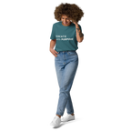 Stargazer organic cotton t-shirt lifestyle photo of woman wearing “CREATE with PURPOSE”