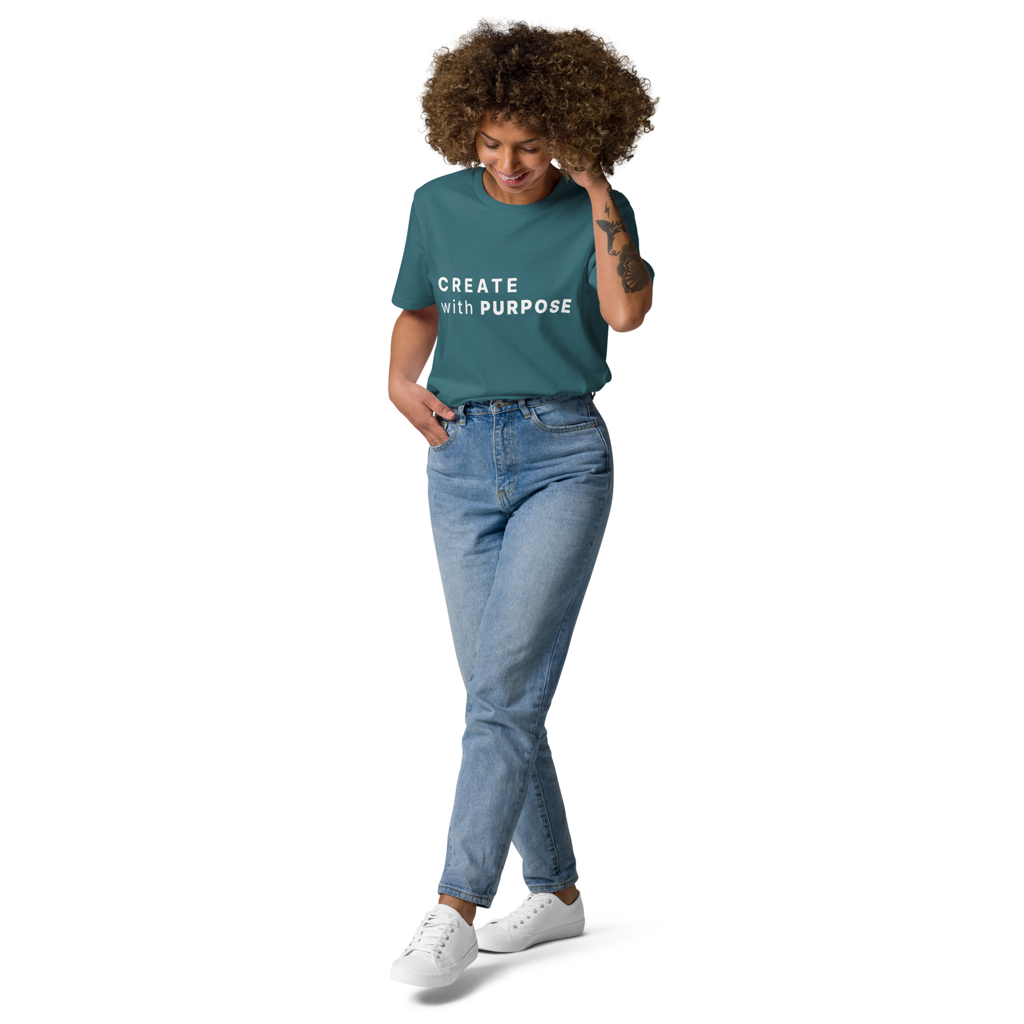 Stargazer organic cotton t-shirt lifestyle photo of woman wearing “CREATE with PURPOSE”