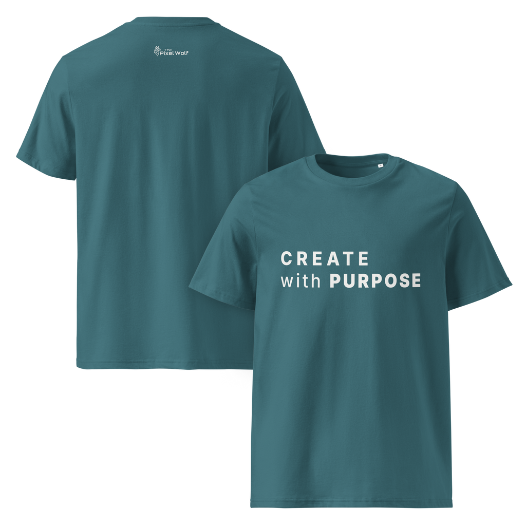 Stargazer organic cotton t-shirt with “CREATE with PURPOSE” front print and The Pixel Wolf logo on back