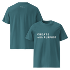 Stargazer organic cotton t-shirt with “CREATE with PURPOSE” front print and The Pixel Wolf logo on back