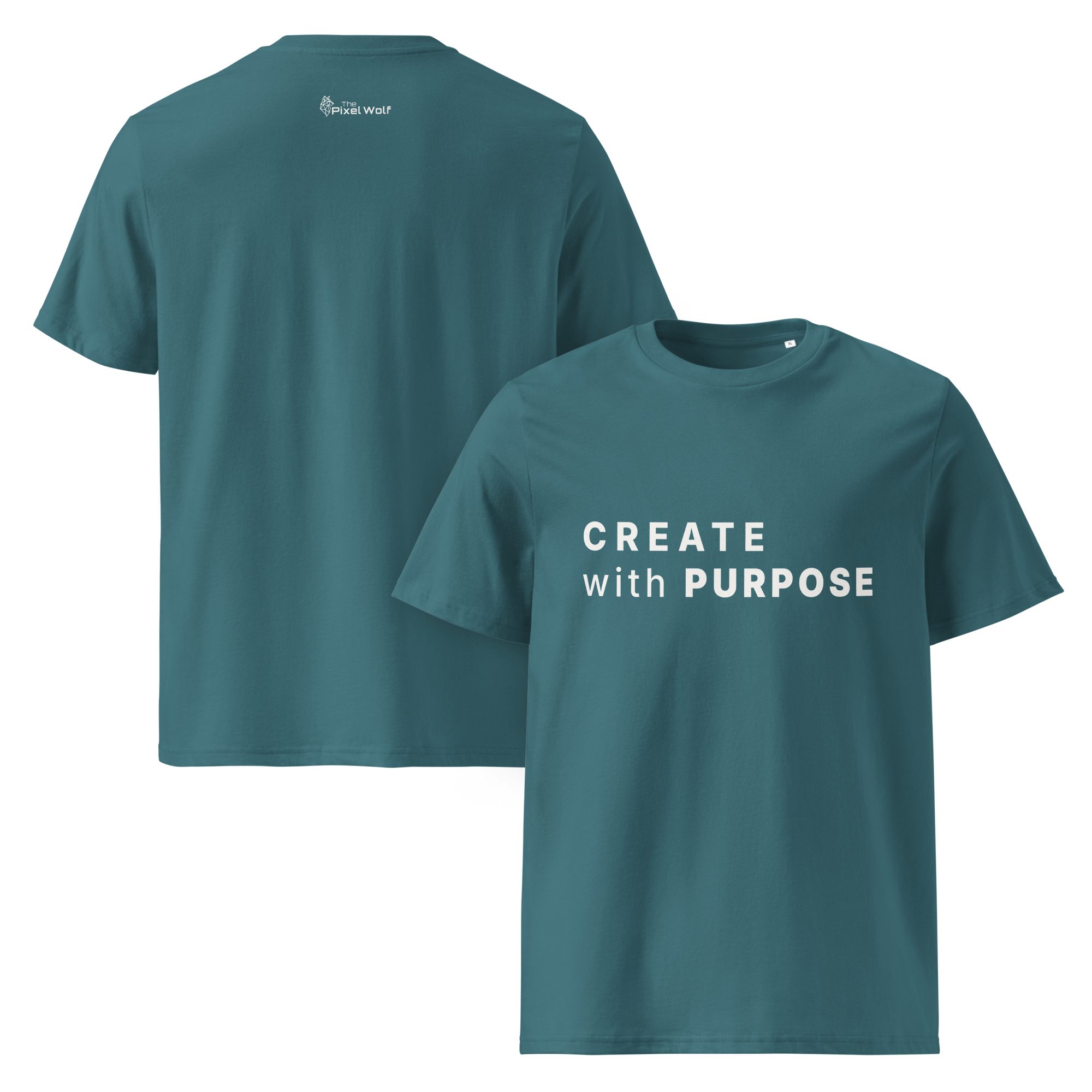 Stargazer organic cotton t-shirt with “CREATE with PURPOSE” front print and The Pixel Wolf logo on back
