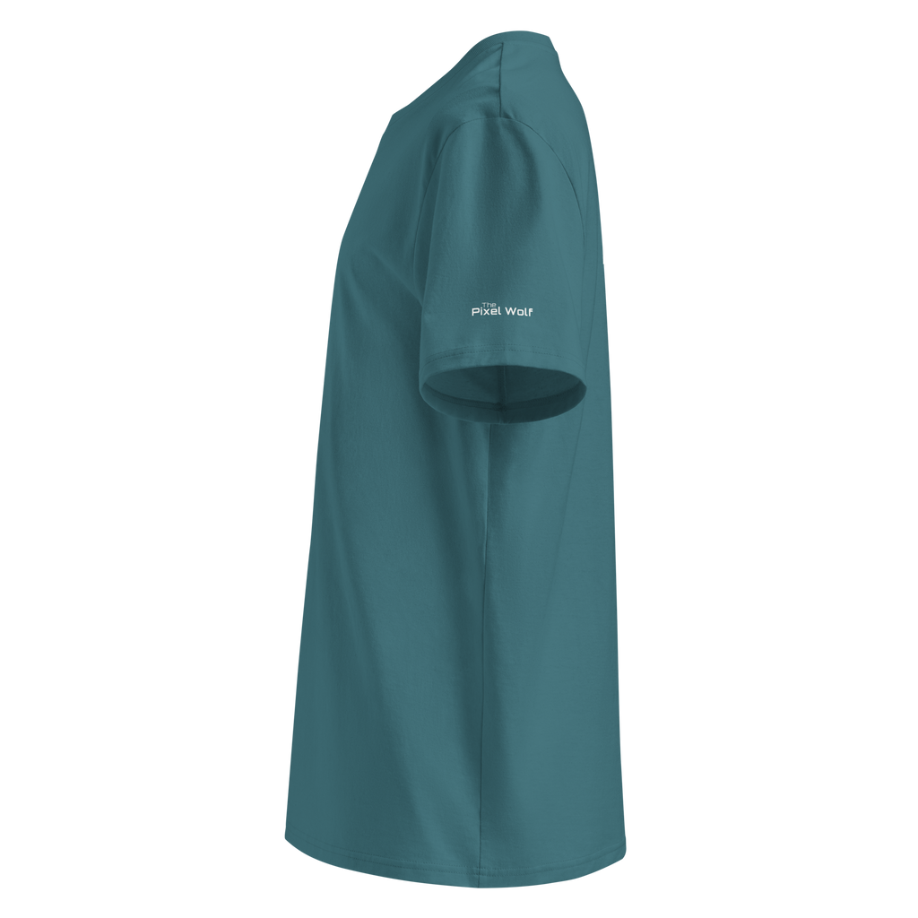 Stargazer organic cotton t-shirt left side view with sleeve logo detail – The Pixel Wolf