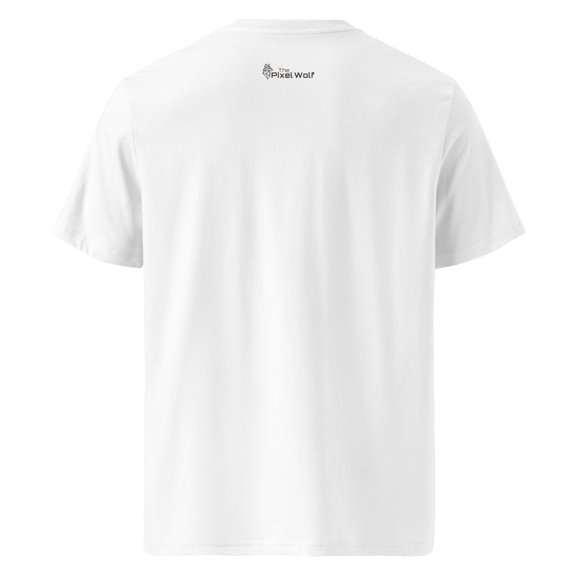White organic cotton t-shirt back with The Pixel Wolf logo printed on upper back