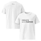 White organic cotton t-shirt dual view (front + back) with “CREATE with PURPOSE” front print and The Pixel Wolf logo on back