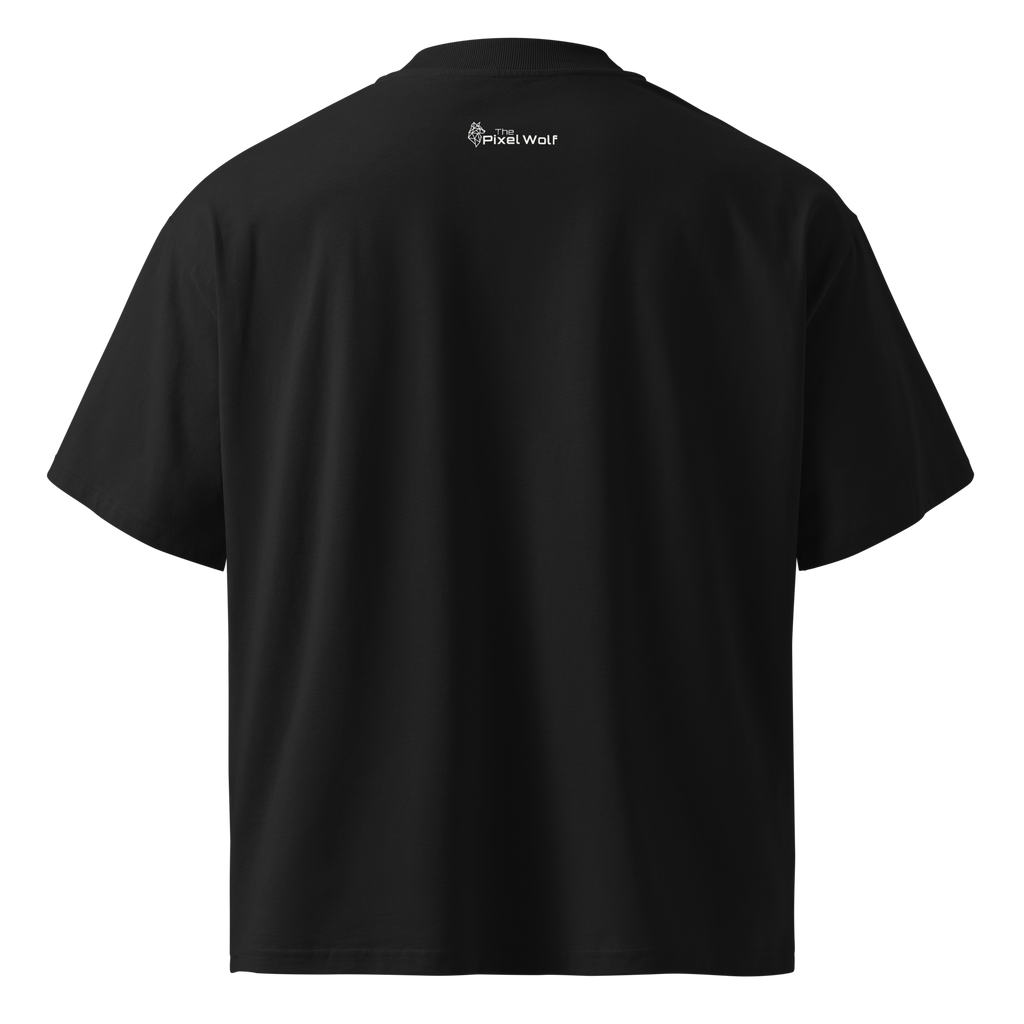 Black oversized organic high neck t-shirt back view with The Pixel Wolf logo