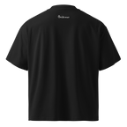 Black oversized organic high neck t-shirt back view with The Pixel Wolf logo