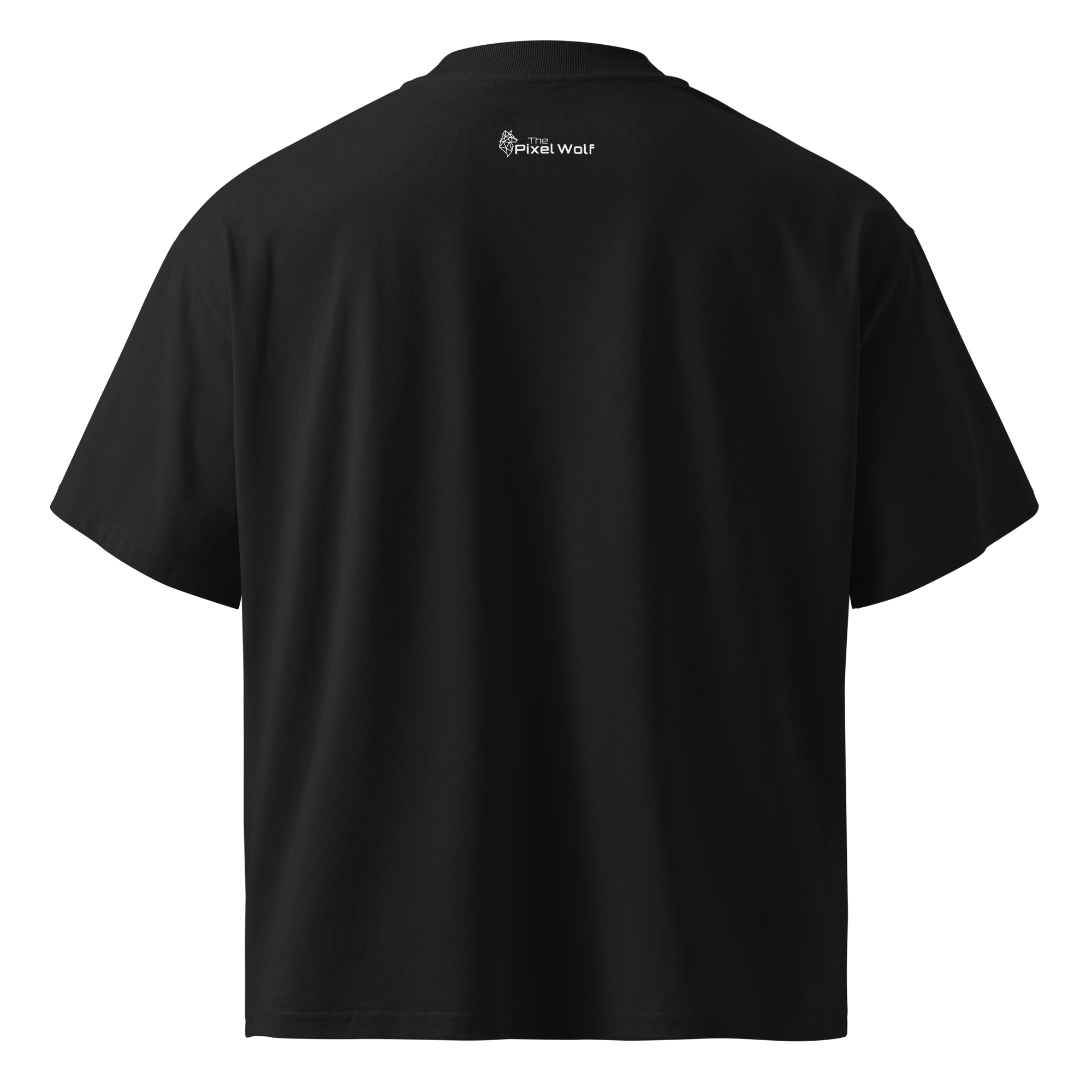 Black oversized organic high neck t-shirt back view with The Pixel Wolf logo