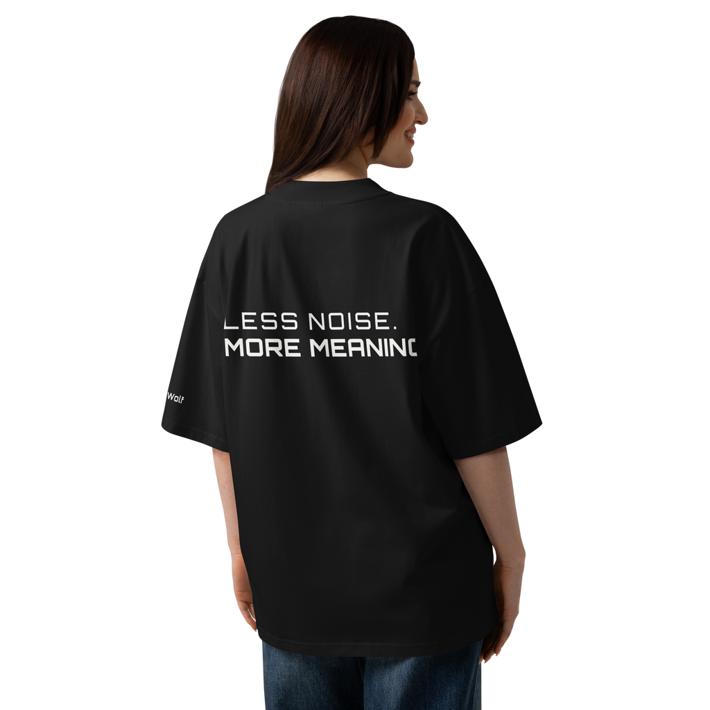 Black oversized organic high neck t-shirt lifestyle back view worn by model – The Pixel Wolf
