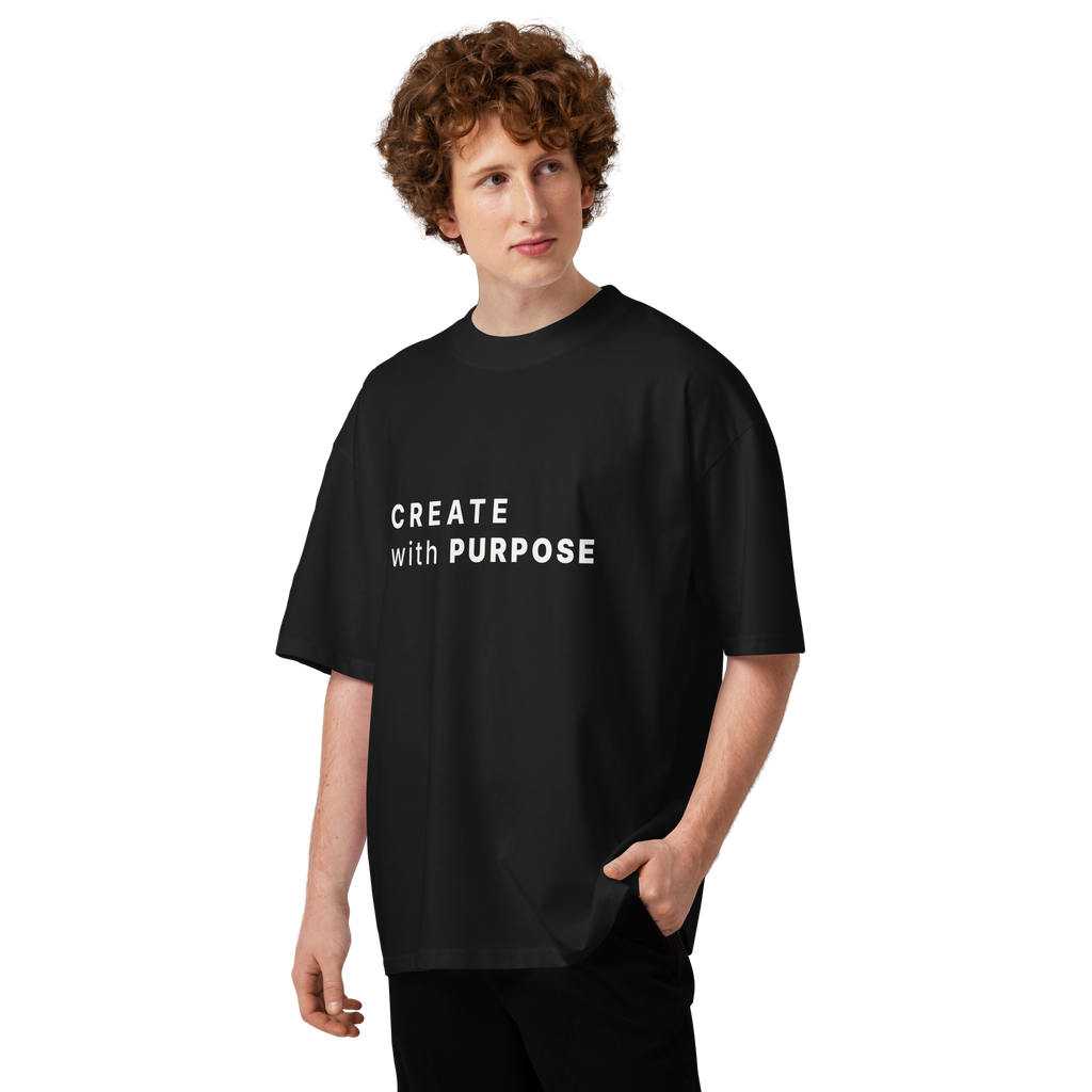 Black oversized organic high neck t-shirt lifestyle man wearing CREATE WITH PURPOSE