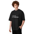 Black oversized organic high neck t-shirt lifestyle man wearing CREATE WITH PURPOSE