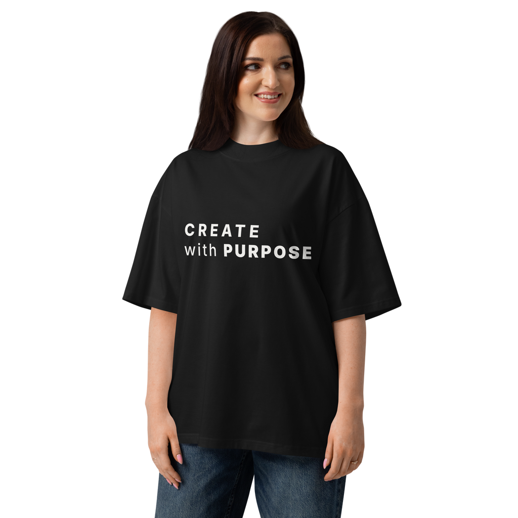 Black oversized organic high neck t-shirt lifestyle woman wearing CREATE WITH PURPOSE