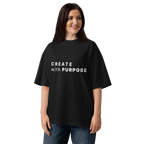 Black oversized organic high neck t-shirt lifestyle woman wearing CREATE WITH PURPOSE
