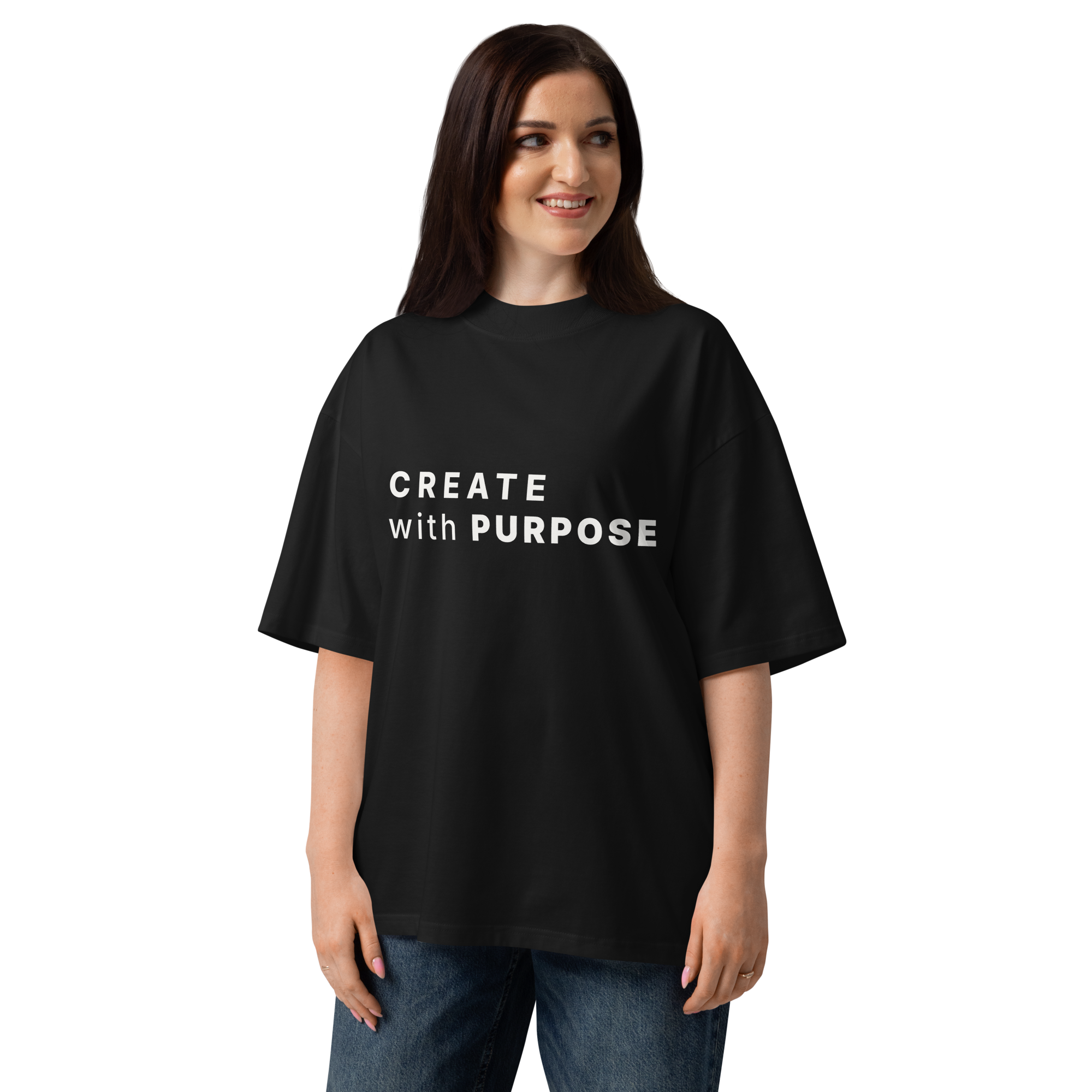 Black oversized organic high neck t-shirt lifestyle woman wearing CREATE WITH PURPOSE